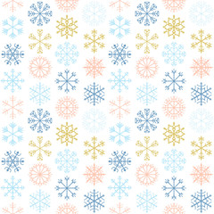 Vector seamless pattern with geometric snowflakes in blue, pink and gold colors for winter and Christmas paper products and greeting card backgrounds
