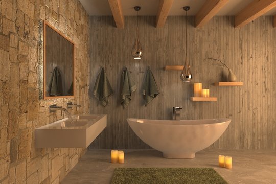 Bagno con vasca travi in legno muro di cemento e candele
