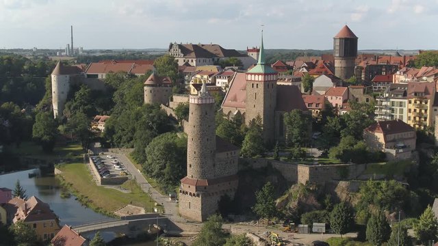 Aerial Drone moving forwards into Bautzen old village city in east Germany Saxony 4k 