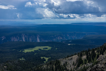 View from Mt. Washburn in Yellowstone showing rain clouds coming