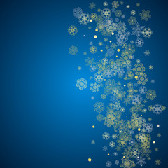 New Year frame with gold snowflakes on blue background. Winter window. Christmas and New Year frame for gift certificate, ads, banner, flyer, sales offers, event invitations. Glitter snow with sparkle