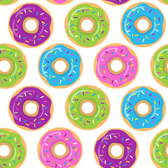 Seamless colorful pattern with glazed donuts on white background. Vector illustration