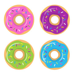 Colorful glazed donut set on white background. The view from the top. Vector illustration