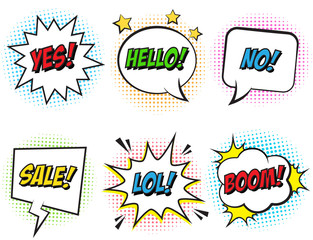 Retro comic speech bubbles set with colorful halftone shadows on white background. Expression text NO, LOL, HELLO, BOOM, SALE, YES. Vector bubbles illustration, vintage design, pop art comic style.