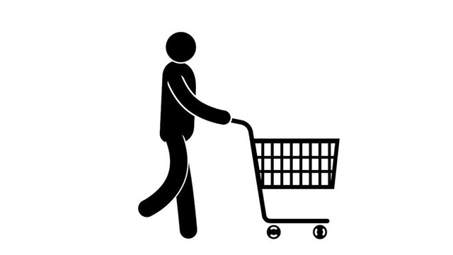 Pictogram man walks with a shopping cart on wheels. Looped animation with alpha channel.