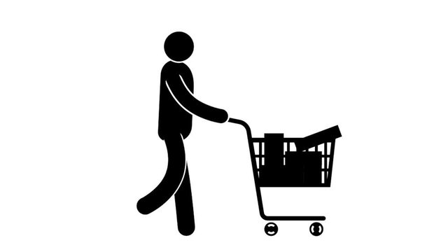 Pictogram man walks with full  shopping cart. Looped animation with alpha channel.