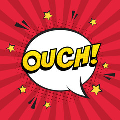 Retro comic speech bubble with colorful halftone shadow and stars on red stripes pattern. Expression text OUCH. Vector illustration, vintage design, pop art style.