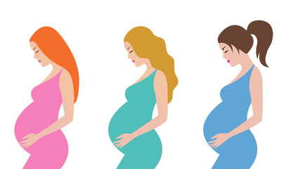 Simple cute colorful vector illustration of pregnant women with different hairstyle. Redhead, blond and brown hair pregnant women