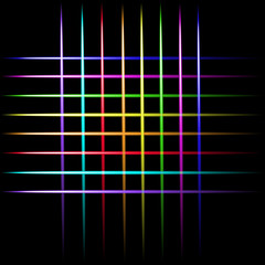 Laser beam neon crossing lines, colorful lights vector black background.