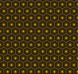 Gold honeycomb seamless vector background pattern, bright dots in the middle.