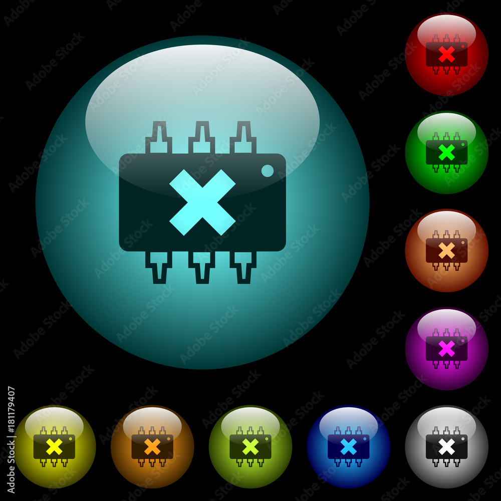 Poster hardware failure icons in color illuminated glass buttons