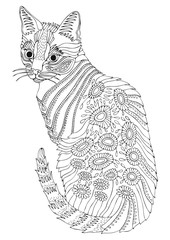Hand drawn bengal cat. Sketch for anti-stress adult coloring book in zen-tangle style. Vector illustration  for coloring page.