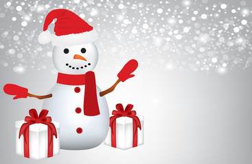 Snowman with presents on blurred background, vector