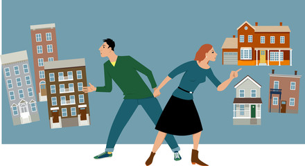 Young couple deciding between a condo and a house, EPS 8 vector illustration - obrazy, fototapety, plakaty