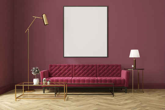 Purple living room, red sofa, poster