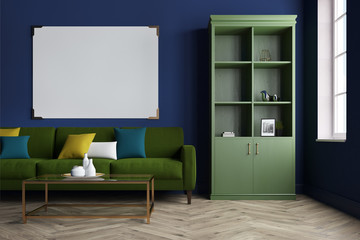 Blue living room, green sofa, bookcase