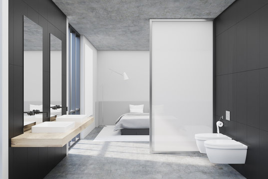 Gray bathroom interior, bedroom