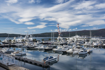 The Marina Porto Montenegro, Bay of Kotor, Adriatic sea, yachts in the port.