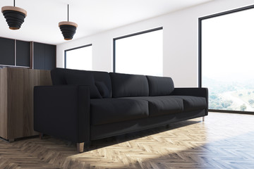 White living room with black sofa