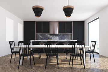 Dining room interior, black chairs and cupboard