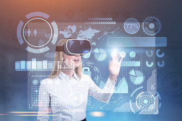HUD and graphs interface, woman in VR glasses