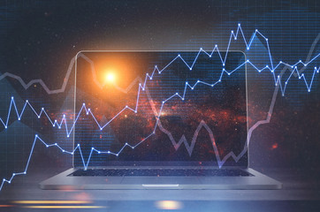 Graphs, laptop, dark blue