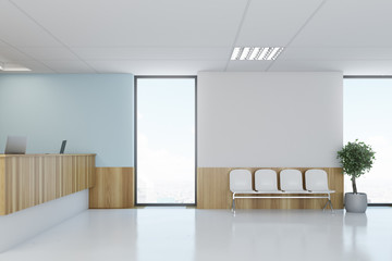 Blue and wooden hospital lobby, reception