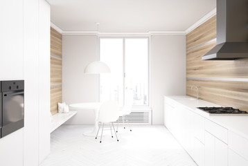 White and wooden kitchen round table