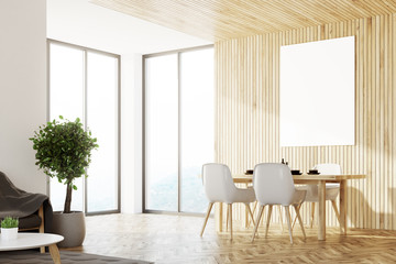 Wooden dining room with a poster side