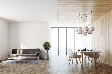 White living room interior, sofa and table