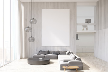 White wooden living room gray sofa