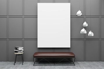 Bench in a gray room with a poster