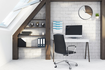 White and wooden home office interior close up