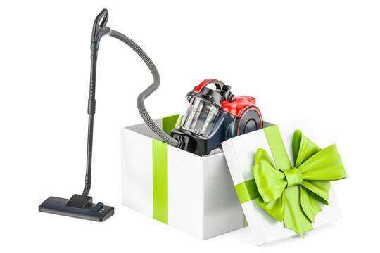 Gift concept, vacuum cleaner inside gift box. 3D rendering