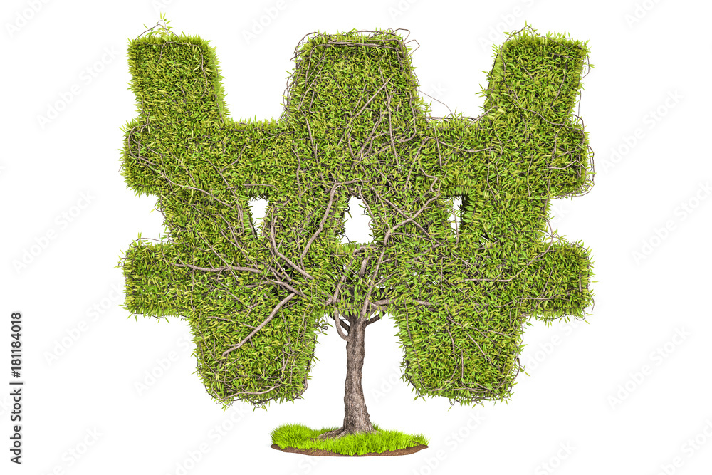Poster money tree in the shape of won symbol, 3d rendering