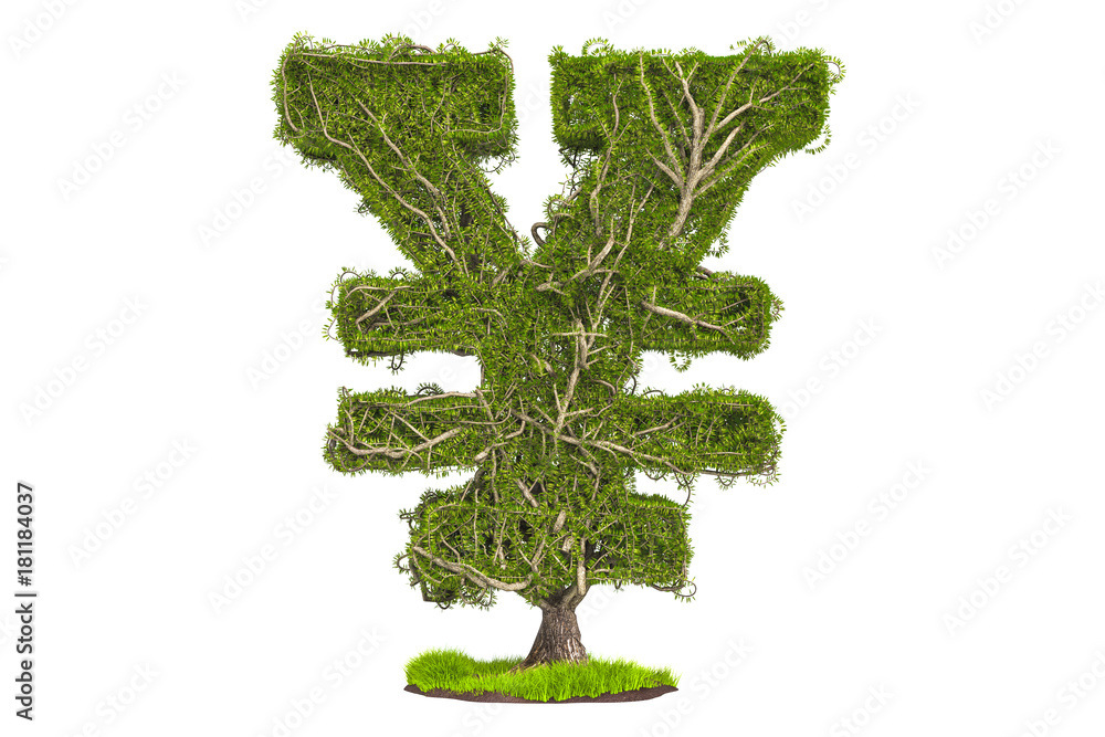 Poster money tree in the shape of yen or yuan symbol, 3d rendering