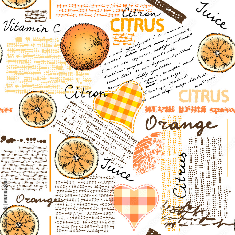 Poster Seamless background pattern. Imitation of halftone newspaper with citrus and oranges.