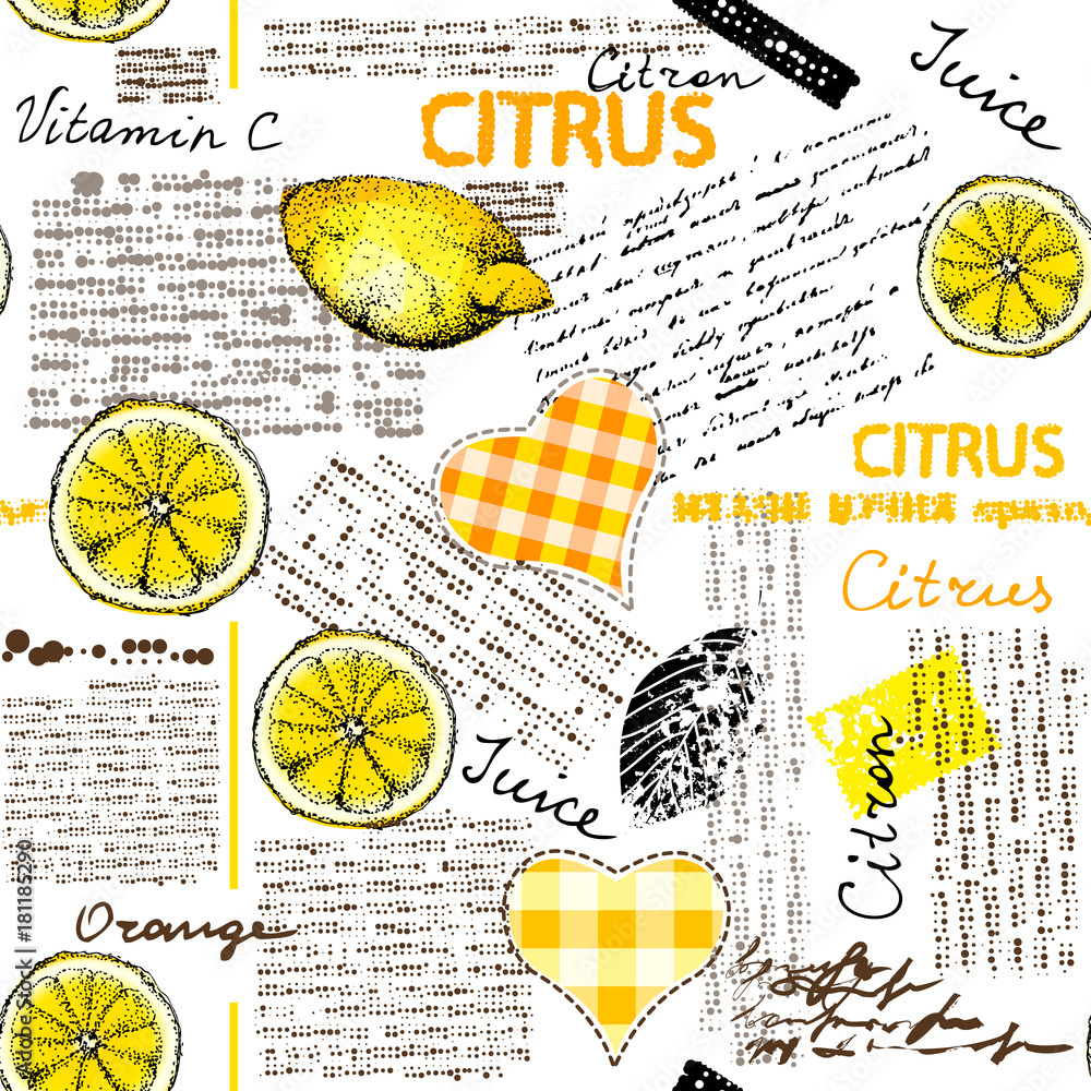 Poster seamless background pattern. imitation of halftone newspaper with citrus and lemons.