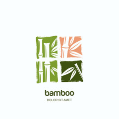 Vector logo, label or square emblem with watercolor hand drawn green bamboo plant details. Concept for spa and beauty salon, asian massage, cosmetics package, furniture materials.