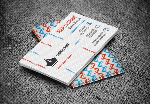 Business Card Layout with Red and Blue Zigzag Elements
