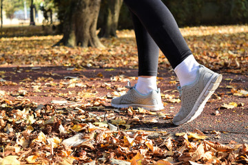 Recreation in the park during fall season - jogging and walking