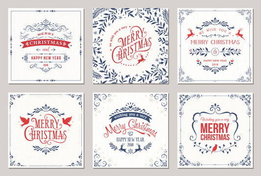 Ornate square winter holidays greeting cards with typographic design, reindeers, Christmas Doves, floral and swirl frames. 