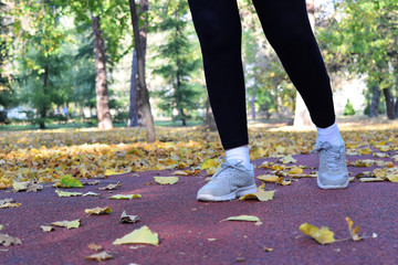 Recreation in the park during fall season - jogging and walking