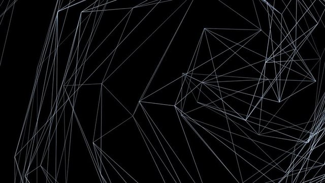 White polygonal mesh slowly moves in a spiral against a black background.