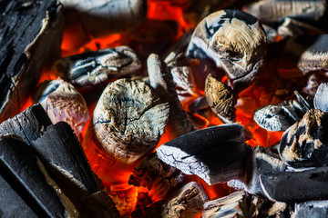 Beautiful bright glowing embers in a fire - abstract background with burning coals