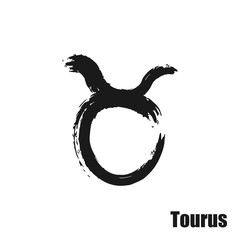 Vector zodiac sign with text. Hand drawn calligraphic horoscope icon. Ink brush taurus symbol