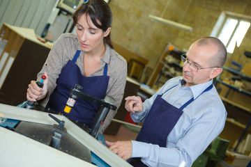 Obraz premium male and female colleagues checking structure in factory