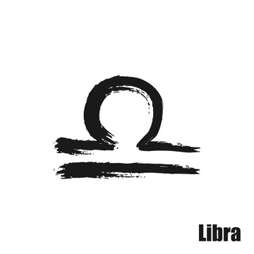 Vector zodiac sign with text. Hand drawn calligraphic horoscope icon. Ink brush libra symbol
