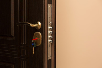 Naklejka premium Fragment of brown metal entrance door with a lock and key. Empty space