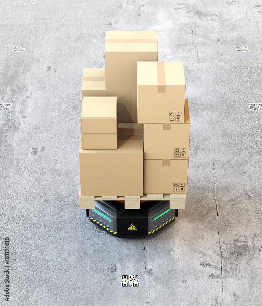 Poster front view of black warehouse robot carrier carrying cardboard boxes on the concrete ground. 3d rend